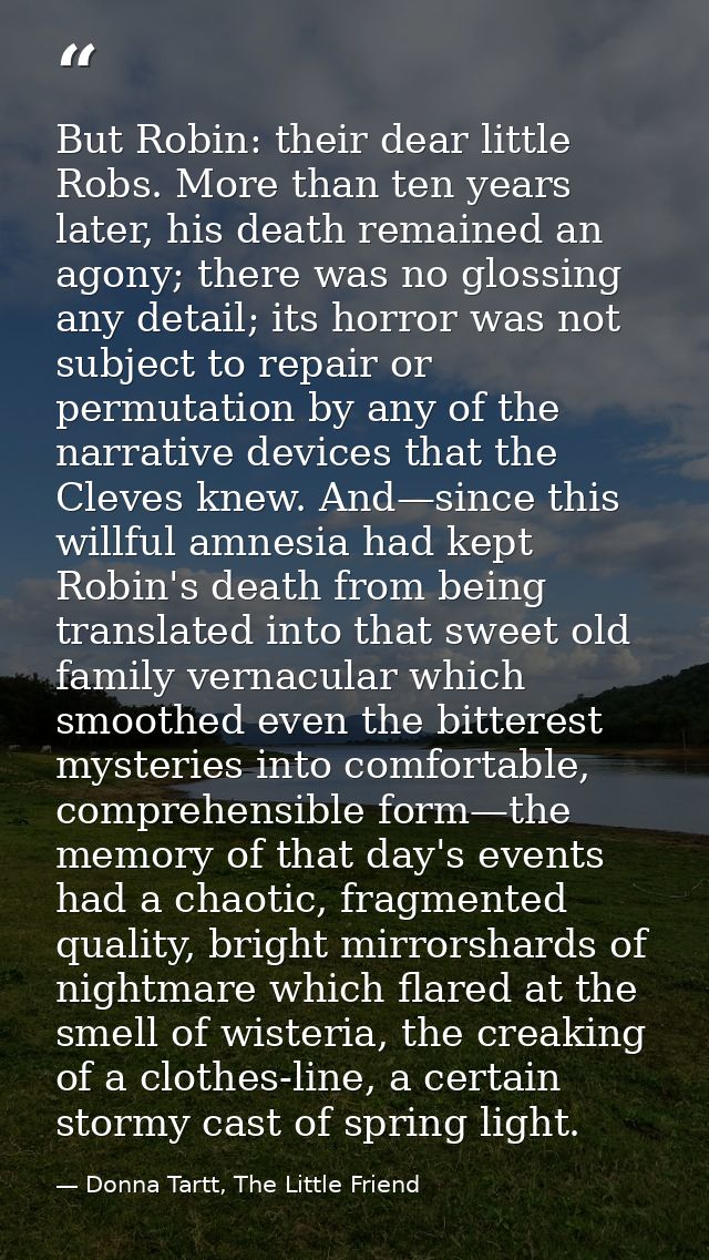 But Robin: their dear little Robs. More than ten years later, his death remained an agony; there was no glossing any det — Donna Tartt, The Little Friend