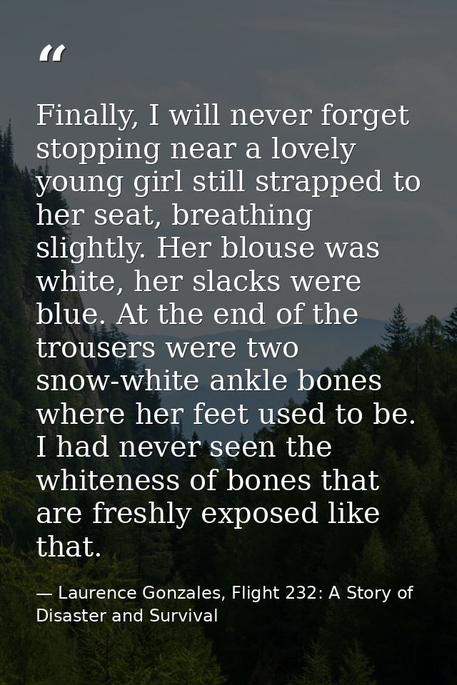 Finally, I will never forget stopping near a lovely young girl still strapped to her seat, breathing slightly. Her blous — Laurence Gonzales, Flight 232: A Story of Disaster and Survival