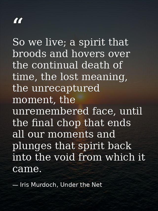 So we live; a spirit that broods and hovers over the continual death of time, the lost meaning, the unrecaptured moment, — Iris Murdoch, Under the Net
