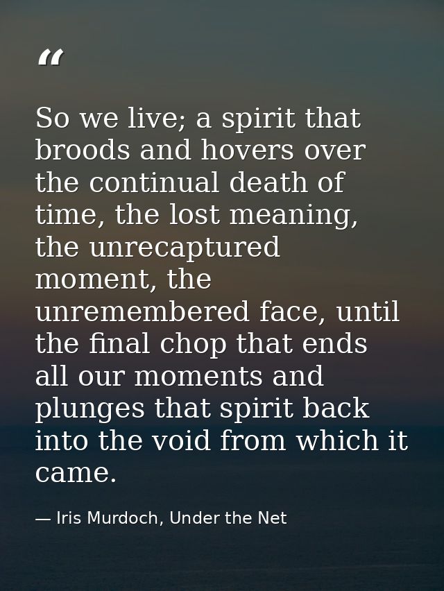 So we live; a spirit that broods and hovers over the continual death of time, the lost meaning, the unrecaptured moment, — Iris Murdoch, Under the Net