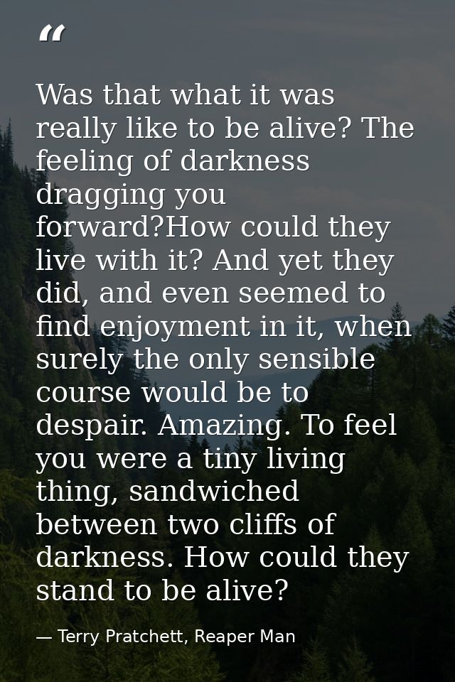 Was that what it was really like to be alive? The feeling of darkness dragging you forward?How could they live with it?  — Terry Pratchett, Reaper Man