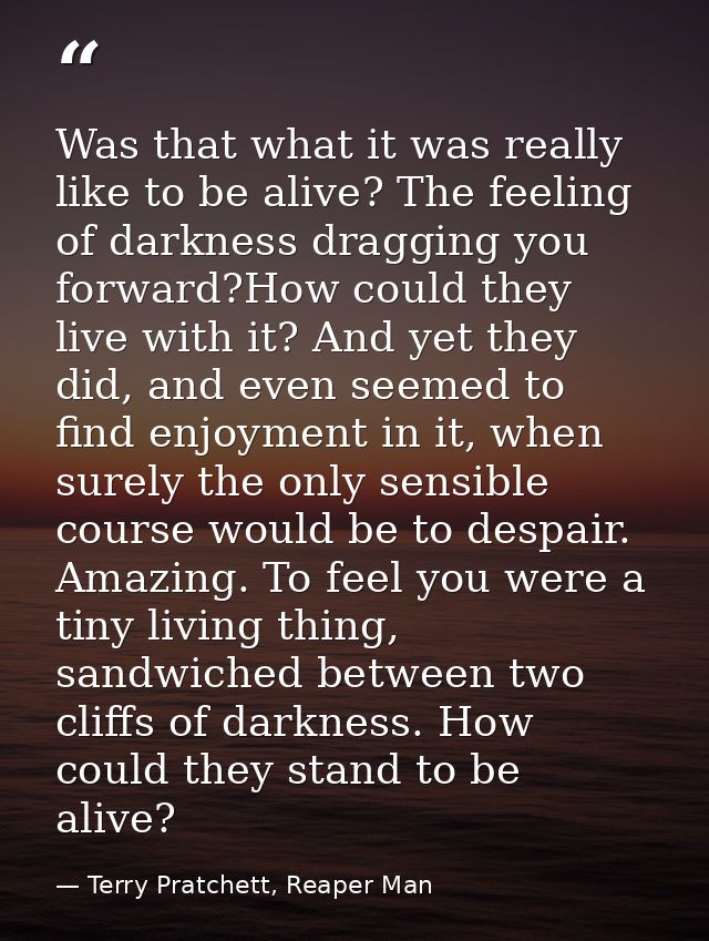 Was that what it was really like to be alive? The feeling of darkness dragging you forward?How could they live with it?  — Terry Pratchett, Reaper Man