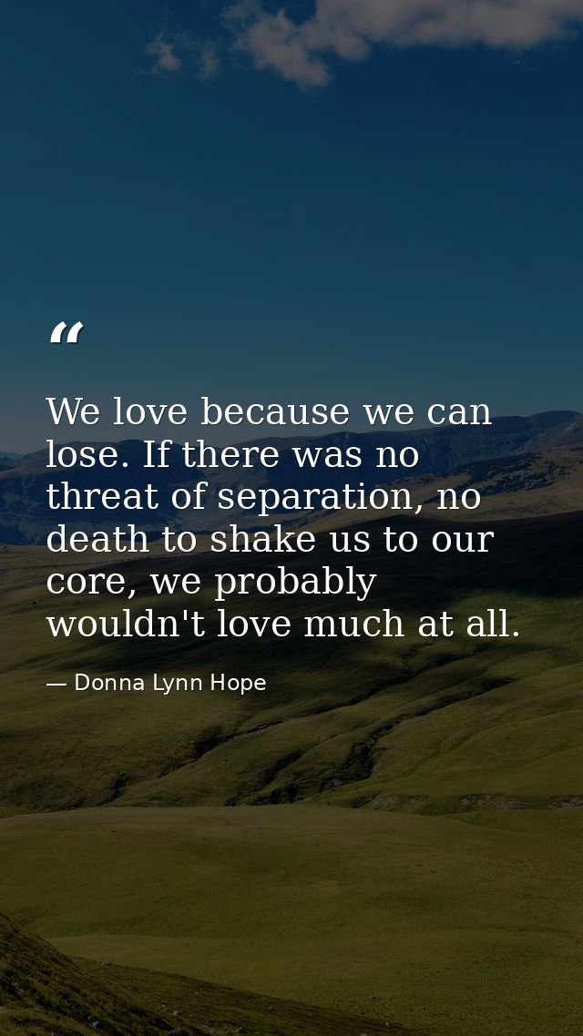 We love because we can lose. If there was no threat of separation, no death to shake us to our core, we probably wouldn' — Donna Lynn Hope