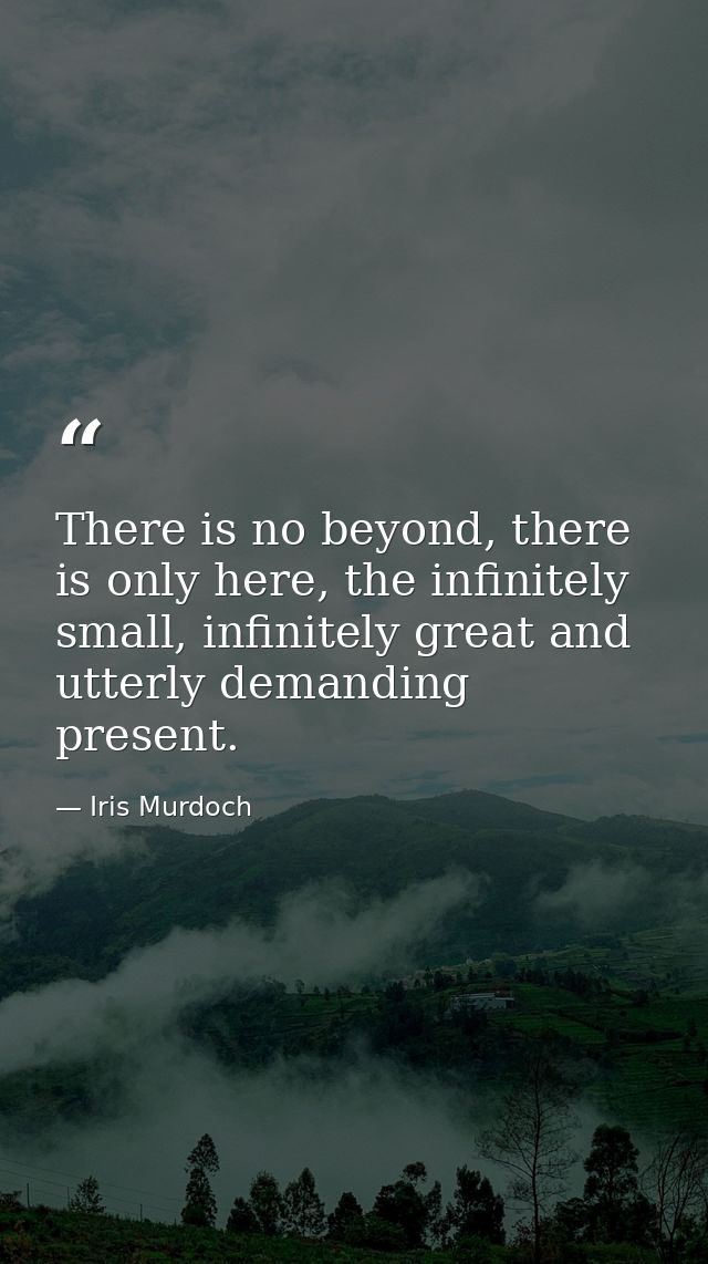 There is no beyond, there is only here, the infinitely small, infinitely great and utterly demanding present. — Iris Murdoch
