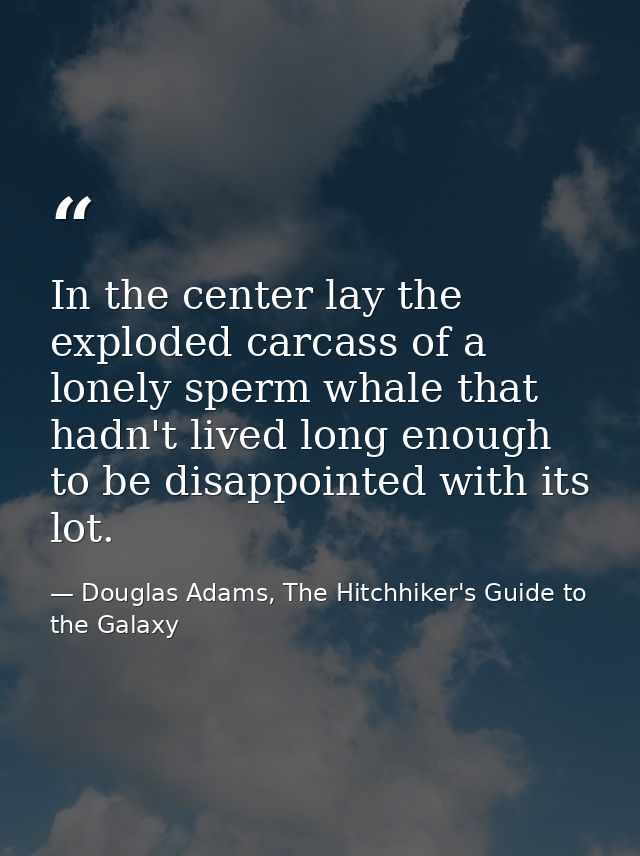 In the center lay the exploded carcass of a lonely sperm whale that hadn't lived long enough to be disappointed with its — Douglas Adams, The Hitchhiker's Guide to the Galaxy