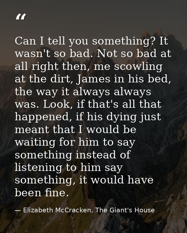 Can I tell you something? It wasn't so bad. Not so bad at all right then, me scowling at the dirt, James in his bed, the — Elizabeth McCracken, The Giant's House