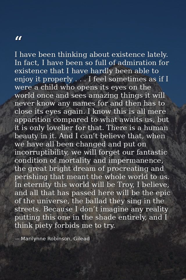 I have been thinking about existence lately. In fact, I have been so full of admiration for existence that I have hardly — Marilynne Robinson, Gilead