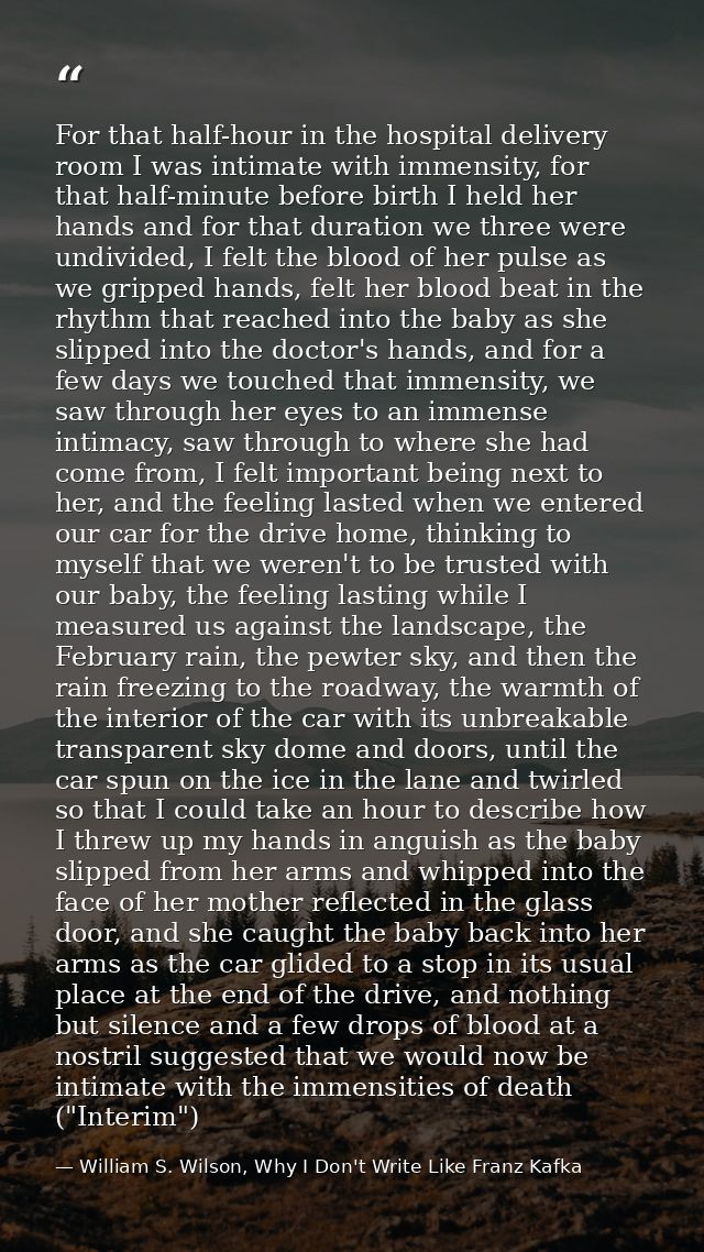 For that half-hour in the hospital delivery room I was intimate with immensity, for that half-minute before birth I held — William S. Wilson, Why I Don't Write Like Franz Kafka