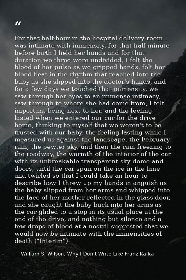For that half-hour in the hospital delivery room I was intimate with immensity, for that half-minute before birth I held — William S. Wilson, Why I Don't Write Like Franz Kafka