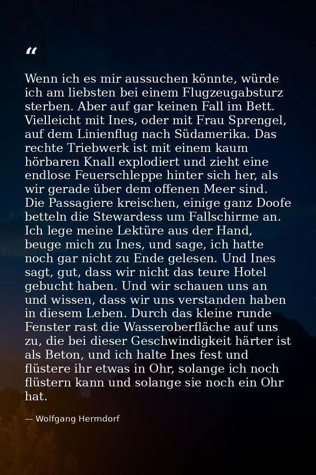 Wenn ich es mir aussuchen könnte, würde ich am liebsten bei einem Flugzeugabsturz sterben. Aber auf gar keinen Fall im B — Wolfgang Herrndorf