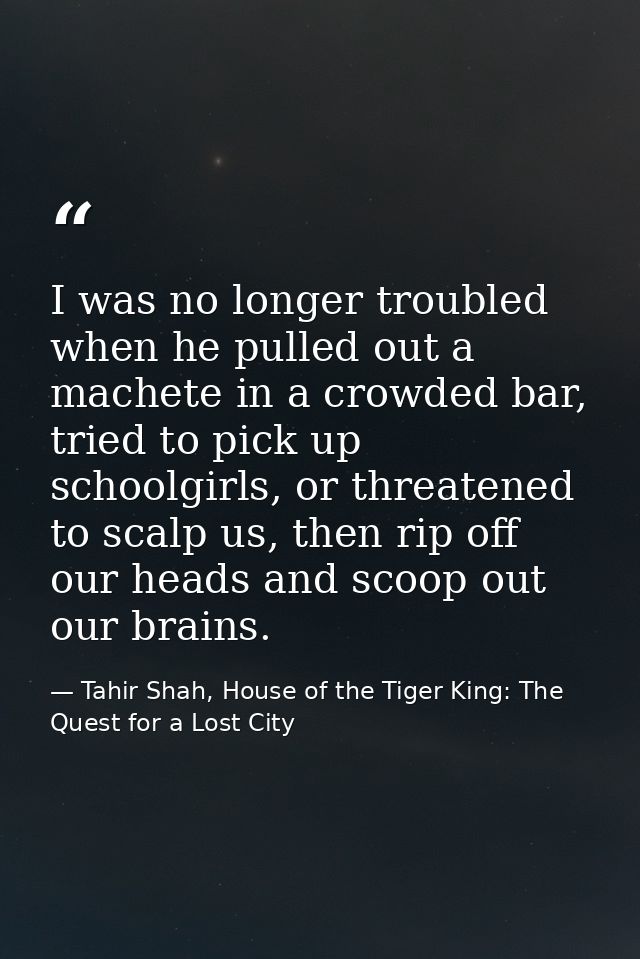 I was no longer troubled when he pulled out a machete in a crowded bar, tried to pick up schoolgirls, or threatened to s — Tahir Shah, House of the Tiger King: The Quest for a Lost City