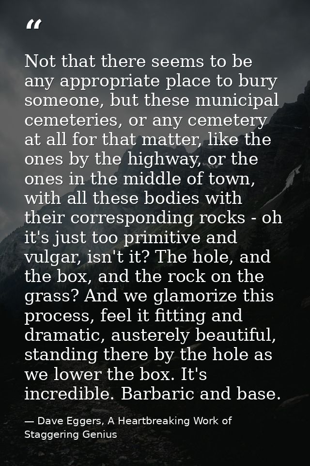 Not that there seems to be any appropriate place to bury someone, but these municipal cemeteries, or any cemetery at all — Dave Eggers, A Heartbreaking Work of Staggering Genius