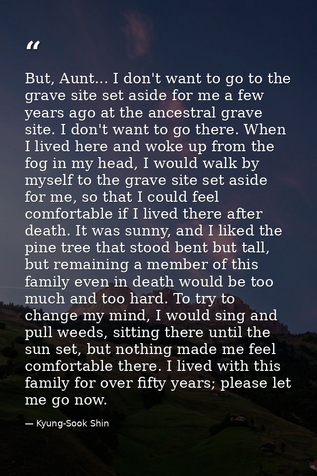 But, Aunt... I don't want to go to the grave site set aside for me a few years ago at the ancestral grave site. I don't  — Kyung-Sook Shin