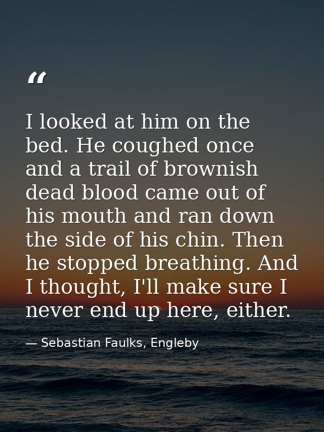 I looked at him on the bed. He coughed once and a trail of brownish dead blood came out of his mouth and ran down the si — Sebastian Faulks, Engleby