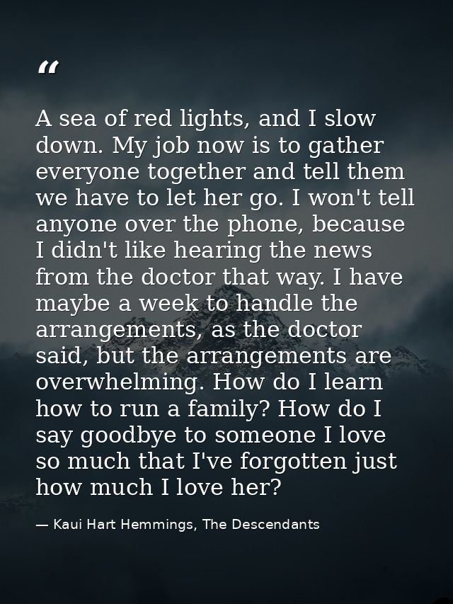 A sea of red lights, and I slow down. My job now is to gather everyone together and tell them we have to let her go. I w — Kaui Hart Hemmings, The Descendants