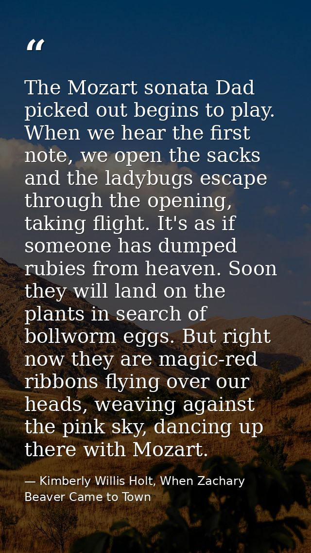 The Mozart sonata Dad picked out begins to play. When we hear the first note, we open the sacks and the ladybugs escape  — Kimberly Willis Holt, When Zachary Beaver Came to Town