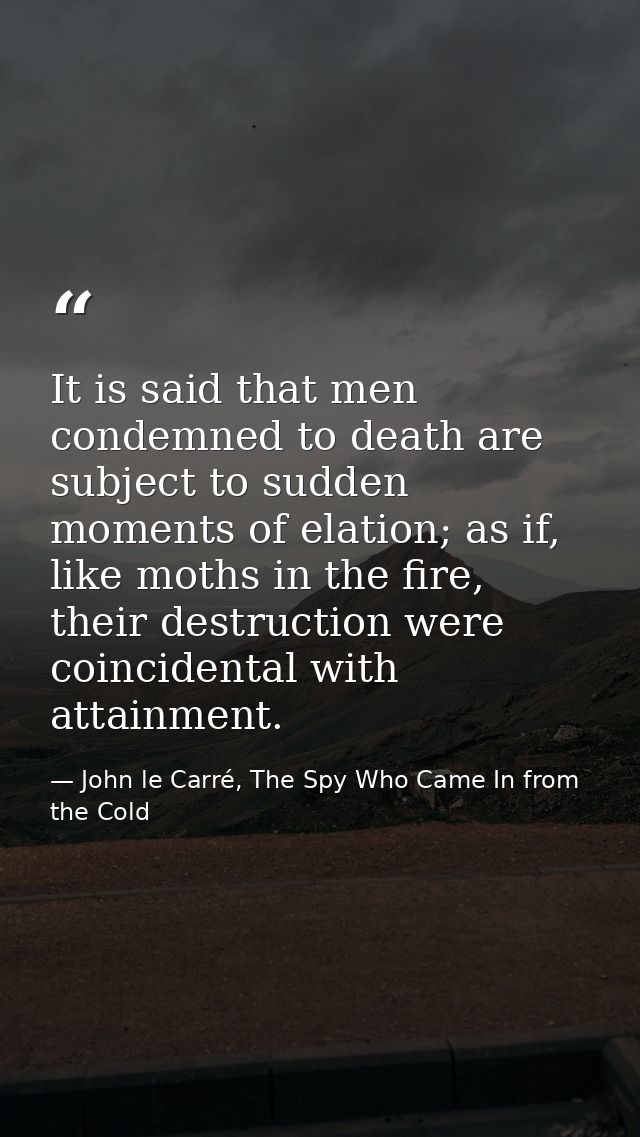 It is said that men condemned to death are subject to sudden moments of elation; as if, like moths in the fire, their de — John le Carré, The Spy Who Came In from the Cold