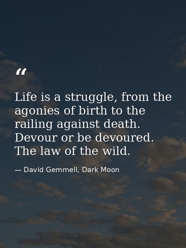Life is a struggle, from the agonies of birth to the railing against death. Devour or be devoured. The law of the wild. — David Gemmell, Dark Moon