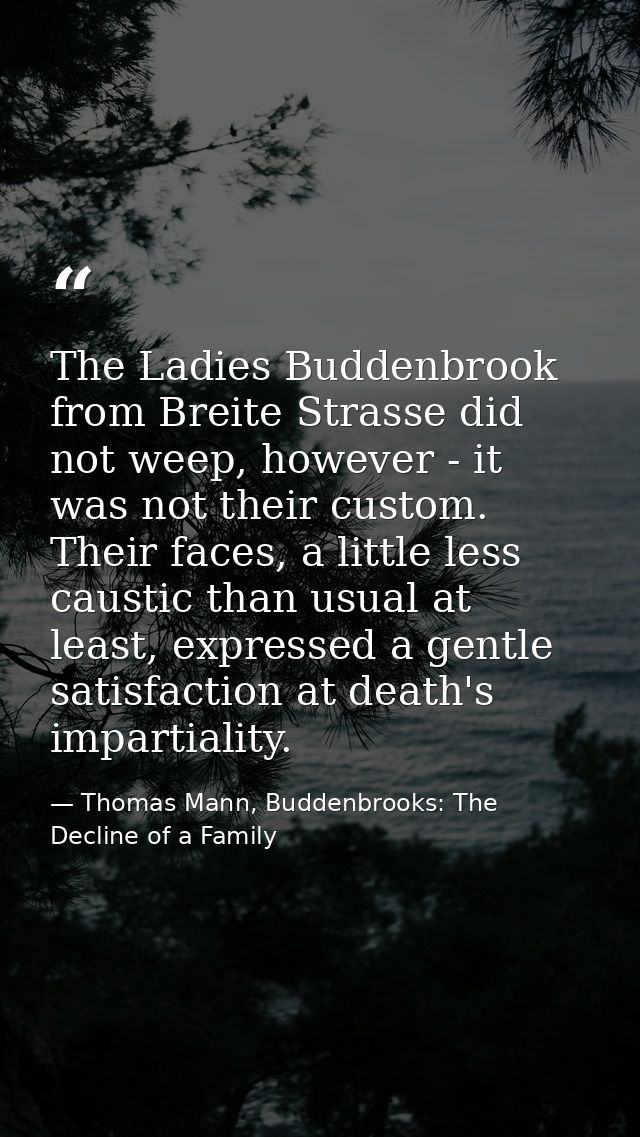 The Ladies Buddenbrook from Breite Strasse did not weep, however - it was not their custom. Their faces, a little less c — Thomas Mann, Buddenbrooks: The Decline of a Family