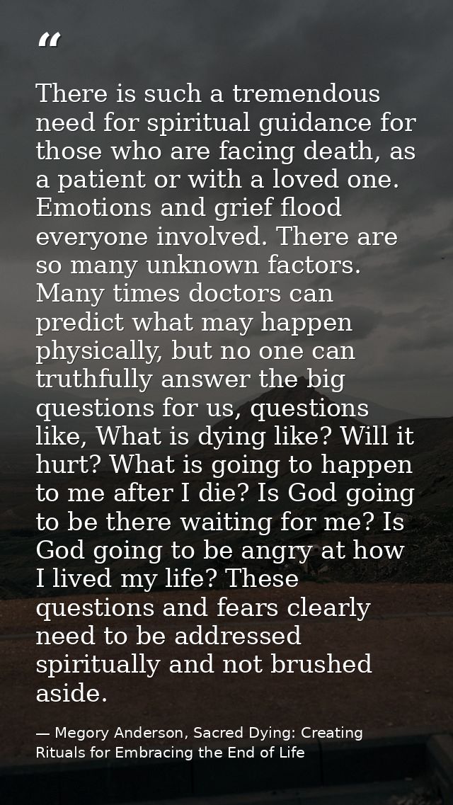 There is such a tremendous need for spiritual guidance for those who are facing death, as a patient or with a loved one. — Megory Anderson, Sacred Dying: Creating Rituals for Embracing the End of Life