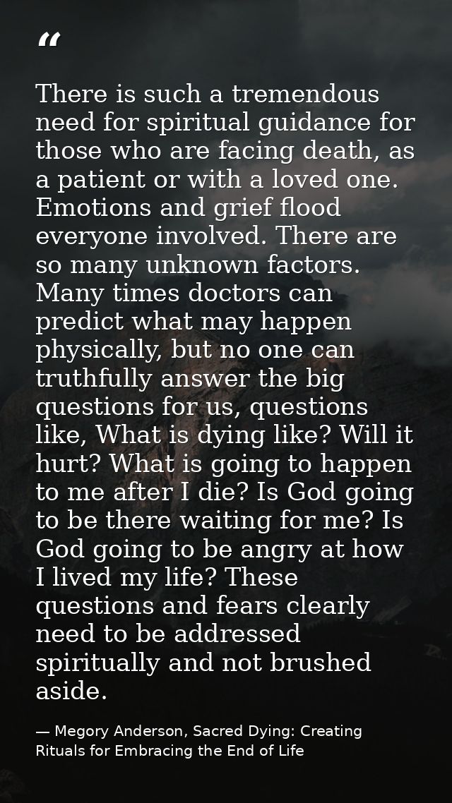 There is such a tremendous need for spiritual guidance for those who are facing death, as a patient or with a loved one. — Megory Anderson, Sacred Dying: Creating Rituals for Embracing the End of Life
