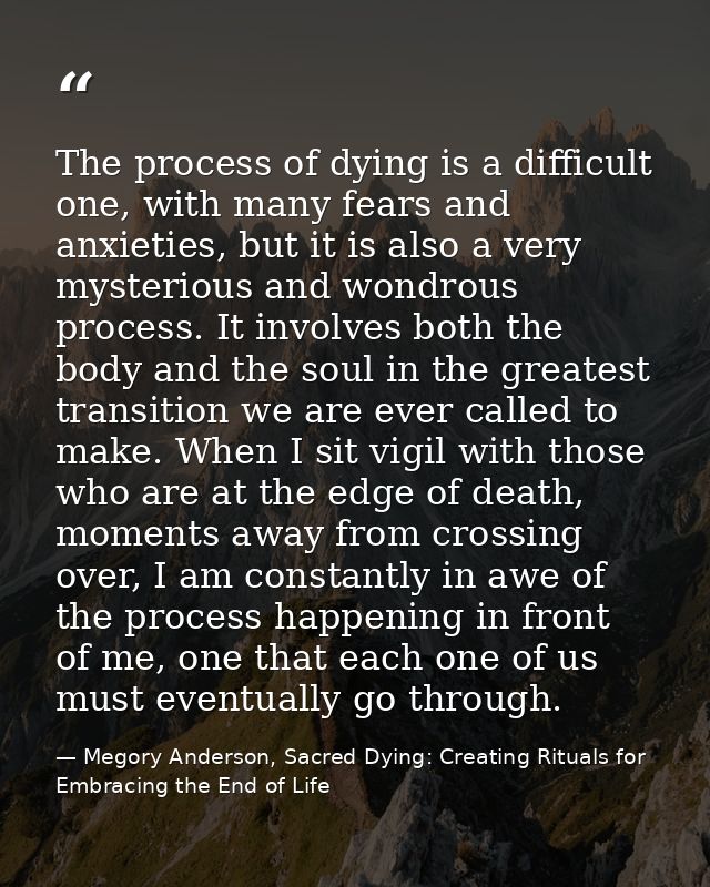 The process of dying is a difficult one, with many fears and anxieties, but it is also a very mysterious and wondrous pr — Megory Anderson, Sacred Dying: Creating Rituals for Embracing the End of Life