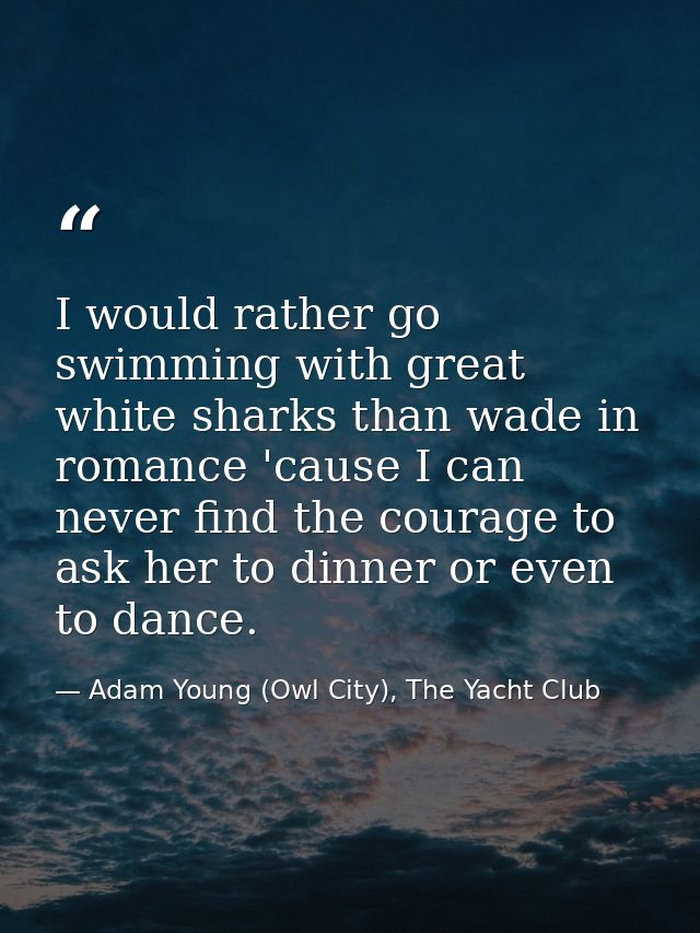 I would rather go swimming with great white sharks than wade in romance 'cause I can never find the courage to ask her t — Adam Young (Owl City), The Yacht Club