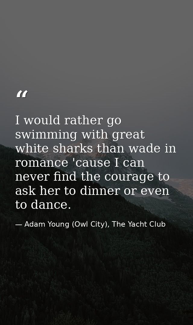 I would rather go swimming with great white sharks than wade in romance 'cause I can never find the courage to ask her t — Adam Young (Owl City), The Yacht Club