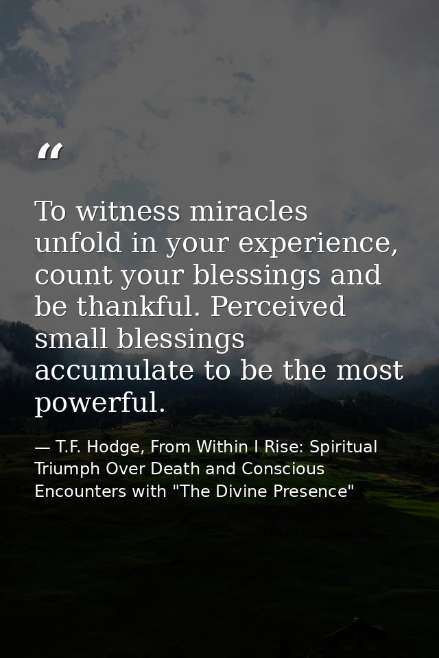 To witness miracles unfold in your experience, count your blessings and be thankful. Perceived small blessings accumulat — T.F. Hodge, From Within I Rise: Spiritual Triumph Over Death and Conscious Encounters with "The Divine Presence"