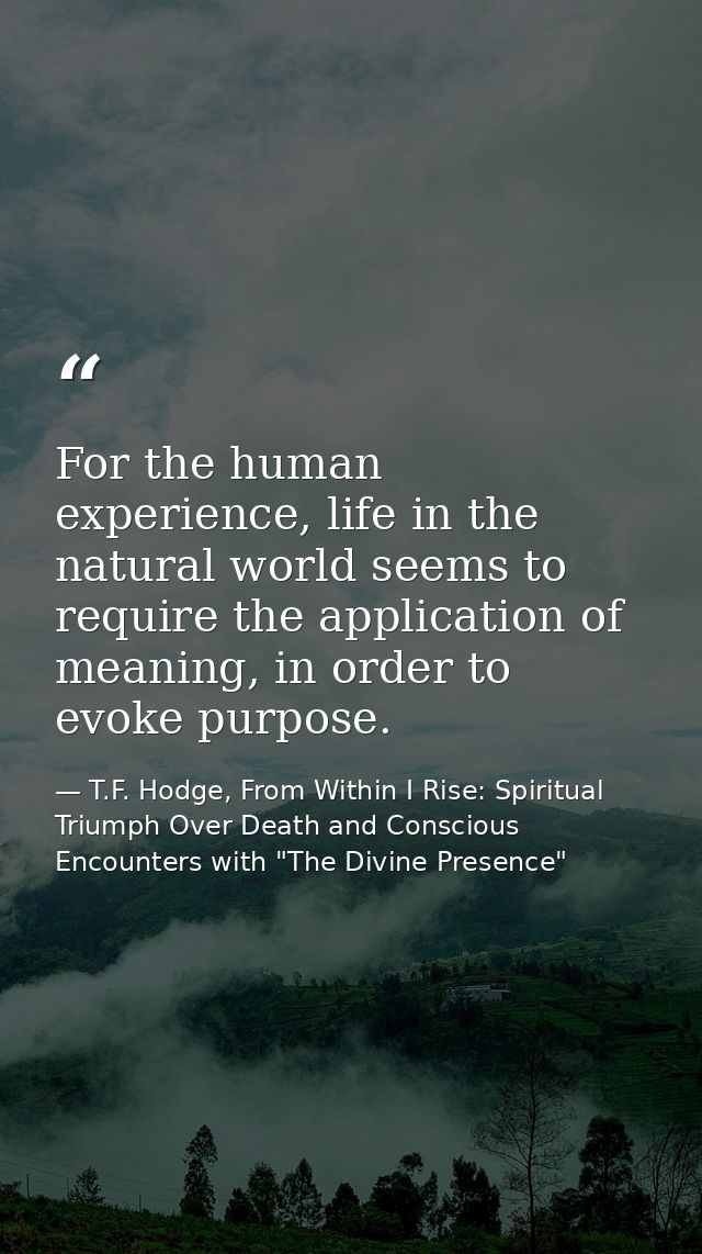 For the human experience, life in the natural world seems to require the application of meaning, in order to evoke purpo — T.F. Hodge, From Within I Rise: Spiritual Triumph Over Death and Conscious Encounters with "The Divine Presence"