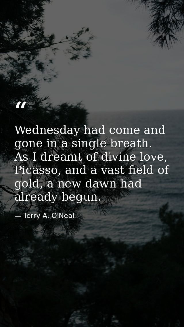 Wednesday had come and gone in a single breath. As I dreamt of divine love, Picasso, and a vast field of gold, a new daw — Terry A. O'Neal