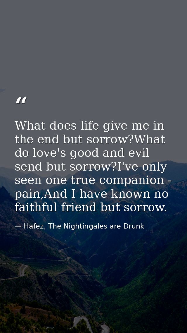 What does life give me in the end but sorrow?What do love's good and evil send but sorrow?I've only seen one true compan — Hafez, The Nightingales are Drunk