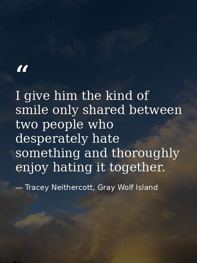 I give him the kind of smile only shared between two people who desperately hate something and thoroughly enjoy hating i — Tracey Neithercott, Gray Wolf Island