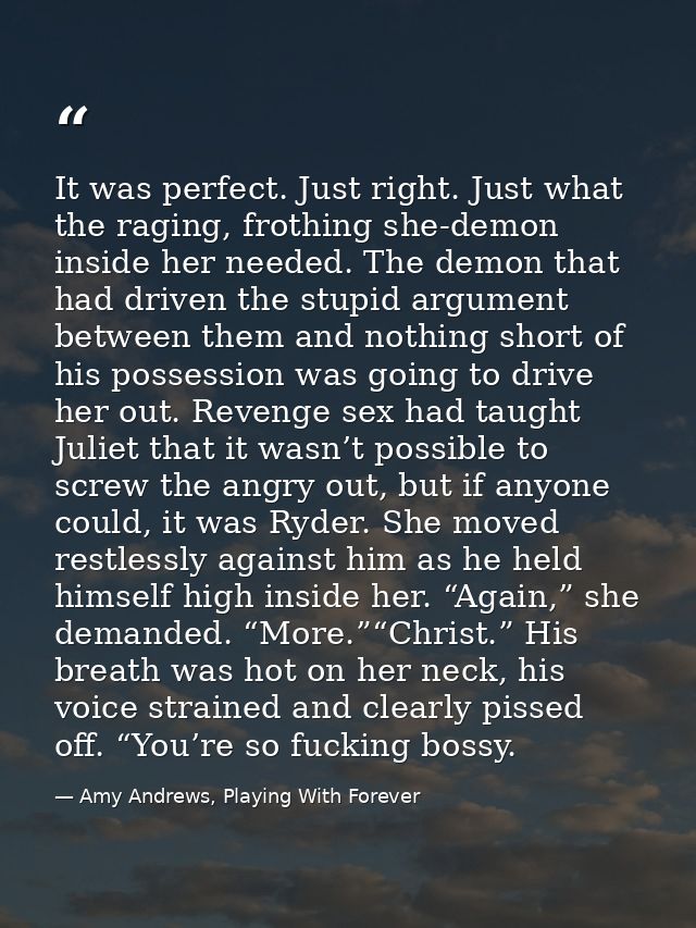 It was perfect. Just right. Just what the raging, frothing she-demon inside her needed. The demon that had driven the st — Amy Andrews, Playing With Forever