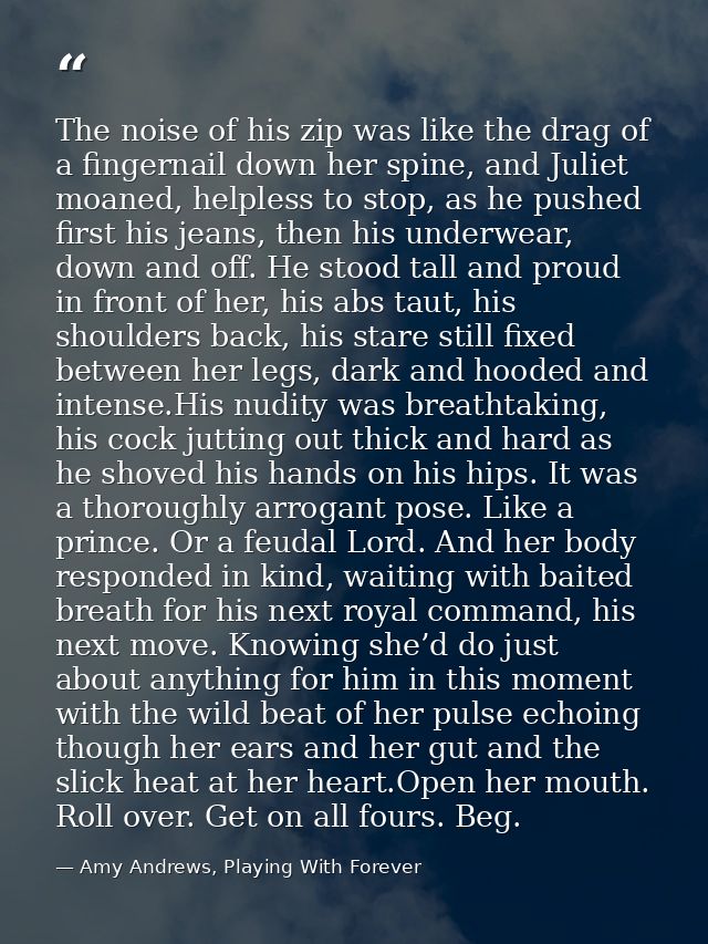 The noise of his zip was like the drag of a fingernail down her spine, and Juliet moaned, helpless to stop, as he pushed — Amy Andrews, Playing With Forever