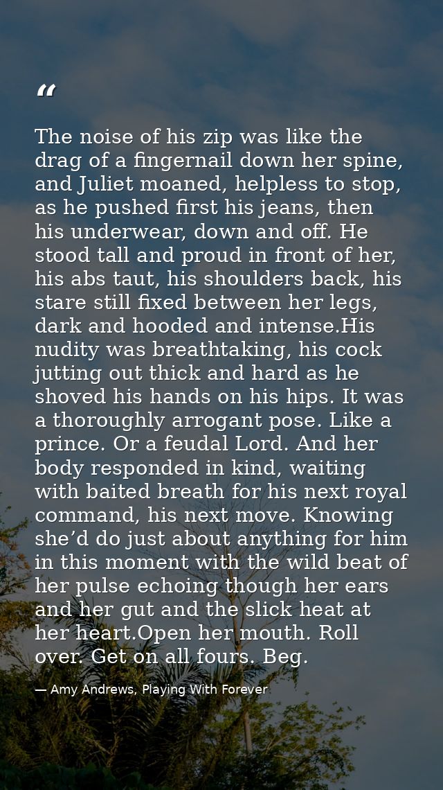 The noise of his zip was like the drag of a fingernail down her spine, and Juliet moaned, helpless to stop, as he pushed — Amy Andrews, Playing With Forever