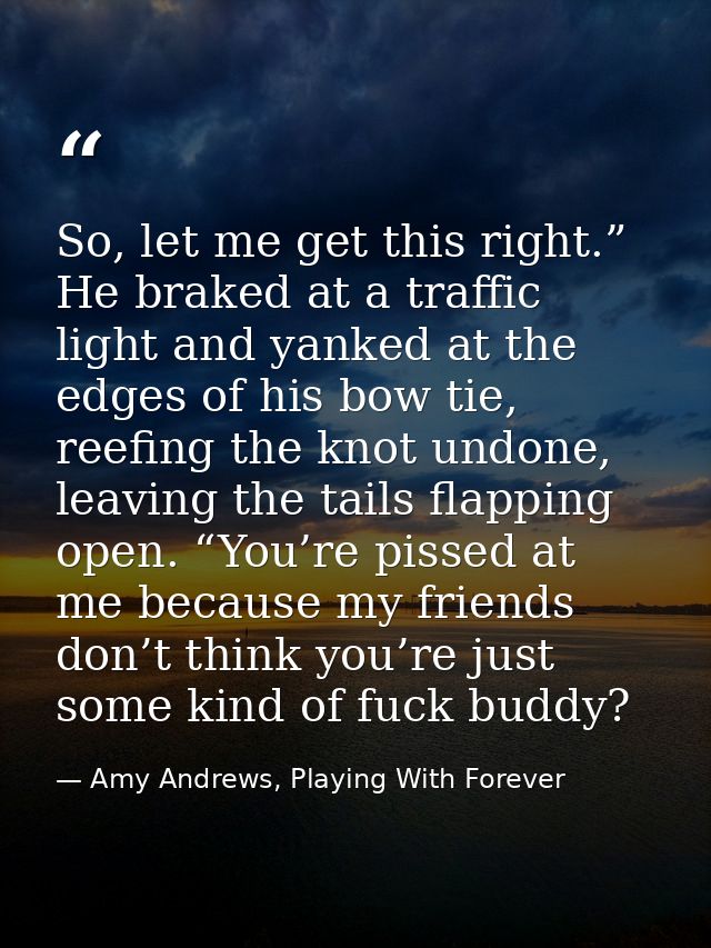 So, let me get this right.” He braked at a traffic light and yanked at the edges of his bow tie, reefing the knot undone — Amy Andrews, Playing With Forever