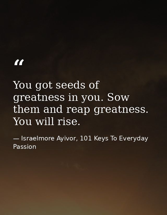 You got seeds of greatness in you. Sow them and reap greatness. You will rise. — Israelmore Ayivor, 101 Keys To Everyday Passion