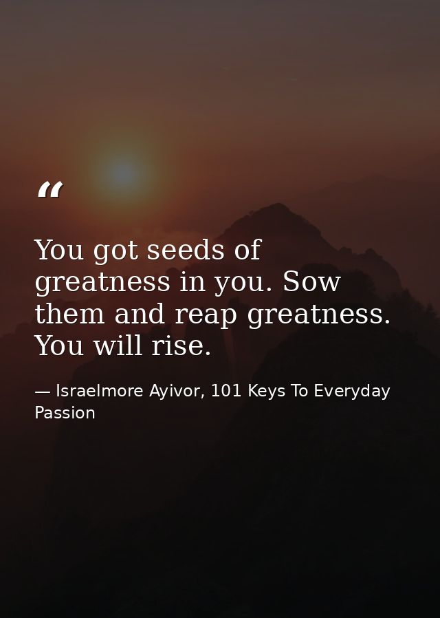 You got seeds of greatness in you. Sow them and reap greatness. You will rise. — Israelmore Ayivor, 101 Keys To Everyday Passion