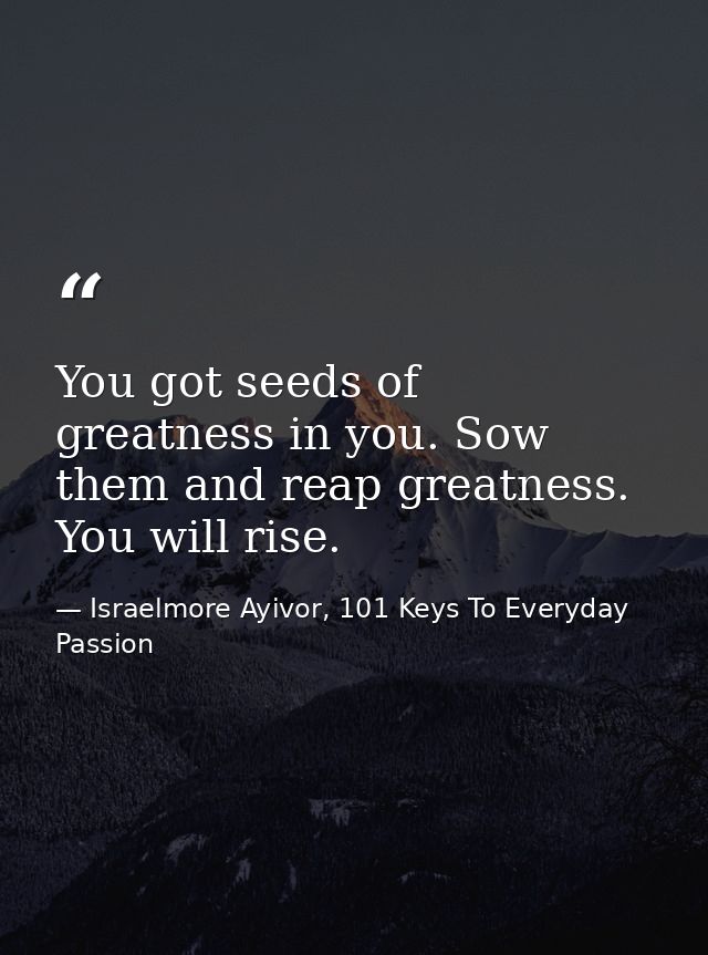 You got seeds of greatness in you. Sow them and reap greatness. You will rise. — Israelmore Ayivor, 101 Keys To Everyday Passion