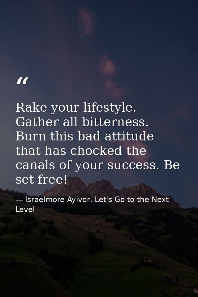 Rake your lifestyle. Gather all bitterness. Burn this bad attitude that has chocked the canals of your success. Be set f — Israelmore Ayivor, Let's Go to the Next Level