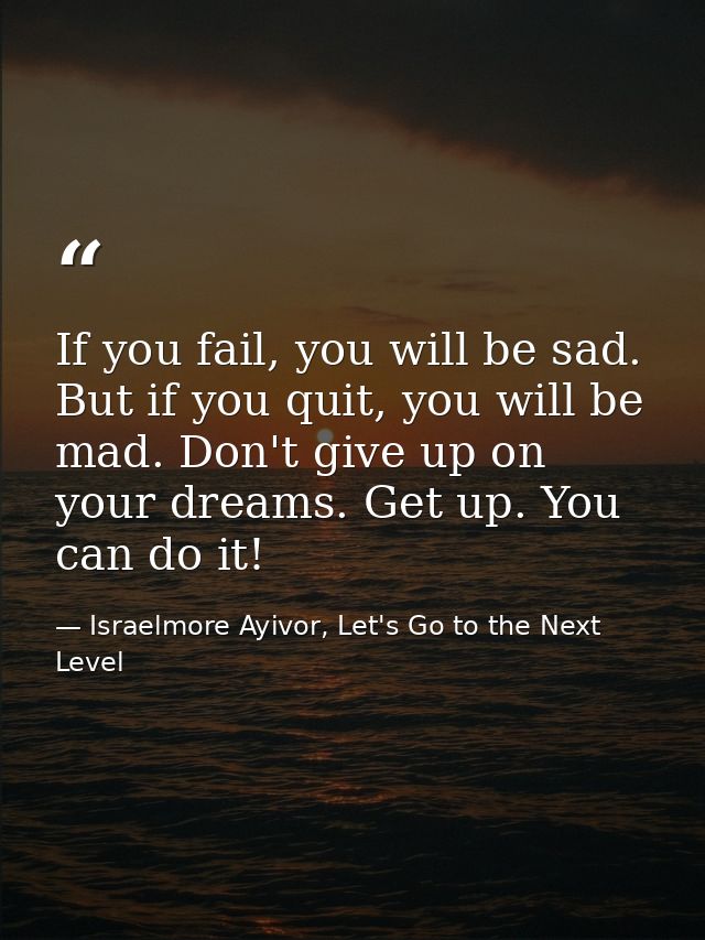 If you fail, you will be sad. But if you quit, you will be mad. Don't give up on your dreams. Get up. You can do it! — Israelmore Ayivor, Let's Go to the Next Level