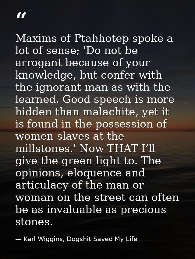 Maxims of Ptahhotep spoke a lot of sense; 'Do not be arrogant because of your knowledge, but confer with the ignorant ma — Karl Wiggins, Dogshit Saved My Life