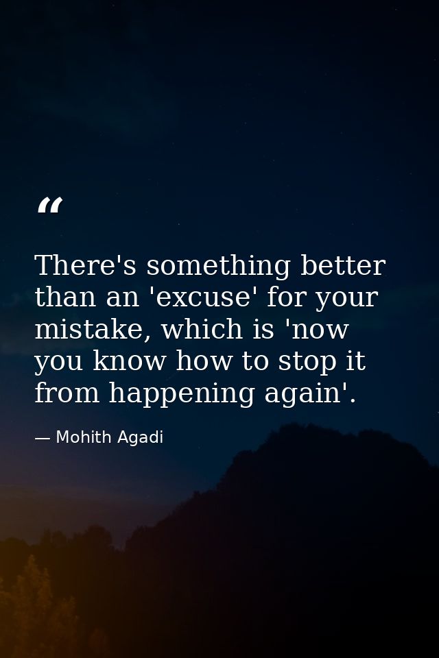 There's something better than an 'excuse' for your mistake, which is 'now you know how to stop it from happening again'. — Mohith Agadi