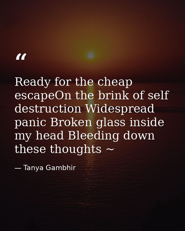 Ready for the cheap escapeOn the brink of self destruction Widespread panic Broken glass inside my head Bleeding down th — Tanya Gambhir