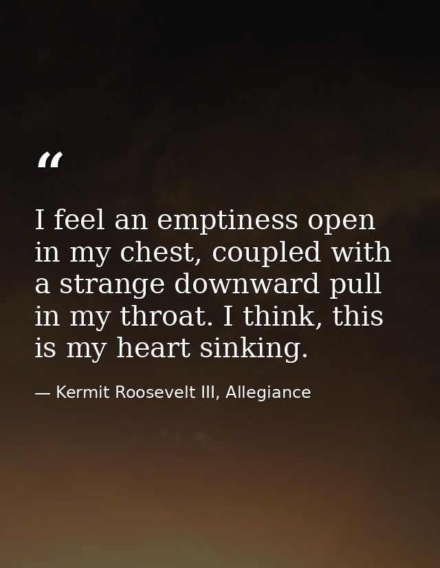 I feel an emptiness open in my chest, coupled with a strange downward pull in my throat. I think, this is my heart sinki — Kermit Roosevelt III, Allegiance