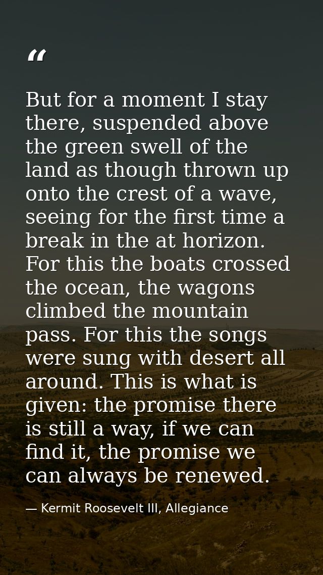 But for a moment I stay there, suspended above the green swell of the land as though thrown up onto the crest of a wave, — Kermit Roosevelt III, Allegiance