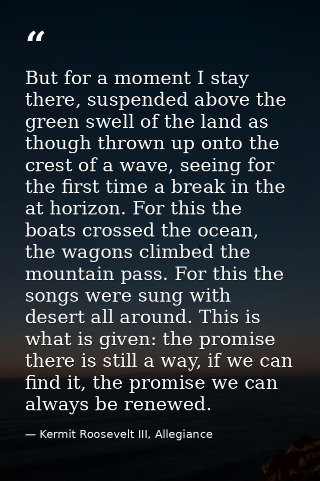 But for a moment I stay there, suspended above the green swell of the land as though thrown up onto the crest of a wave, — Kermit Roosevelt III, Allegiance