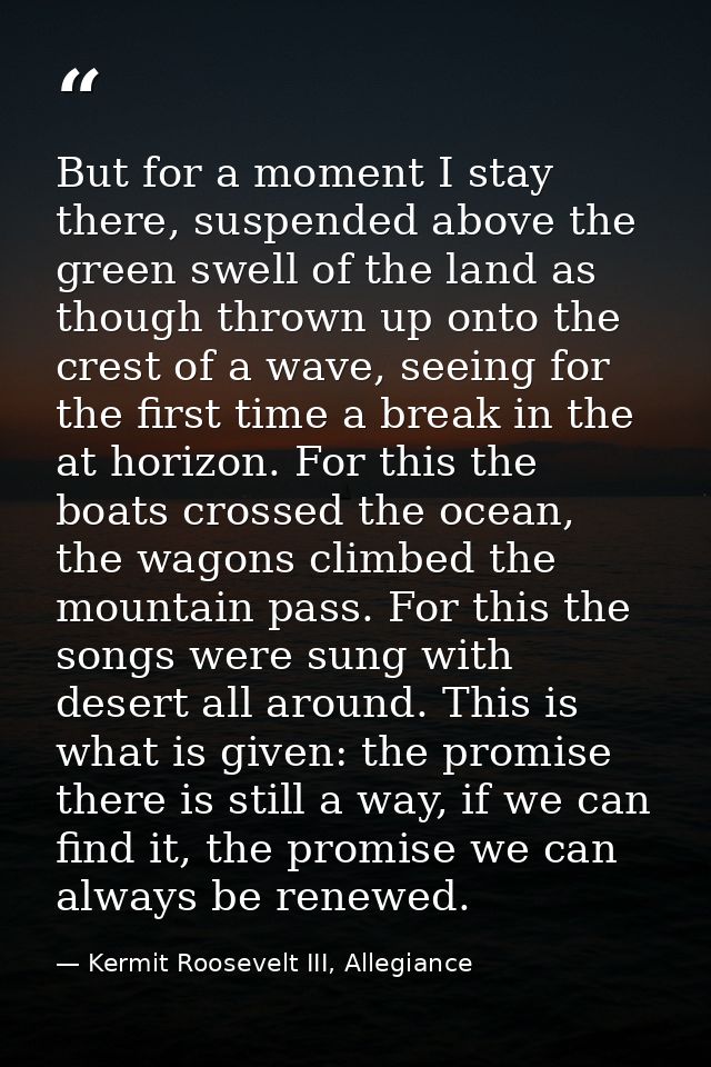 But for a moment I stay there, suspended above the green swell of the land as though thrown up onto the crest of a wave, — Kermit Roosevelt III, Allegiance