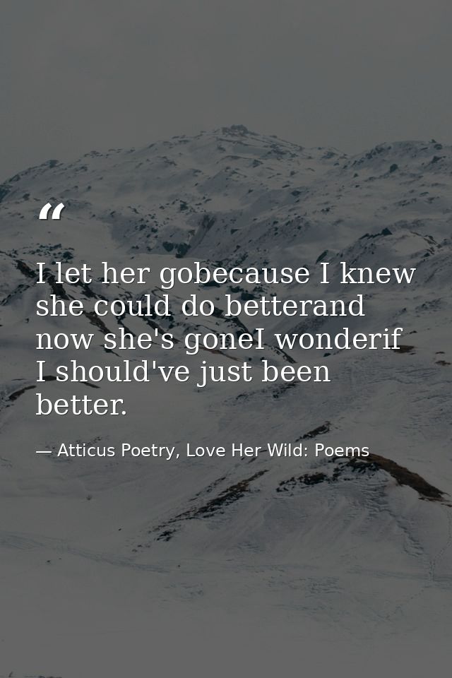 I let her gobecause I knew she could do betterand now she's goneI wonderif I should've just been better. — Atticus Poetry, Love Her Wild: Poems